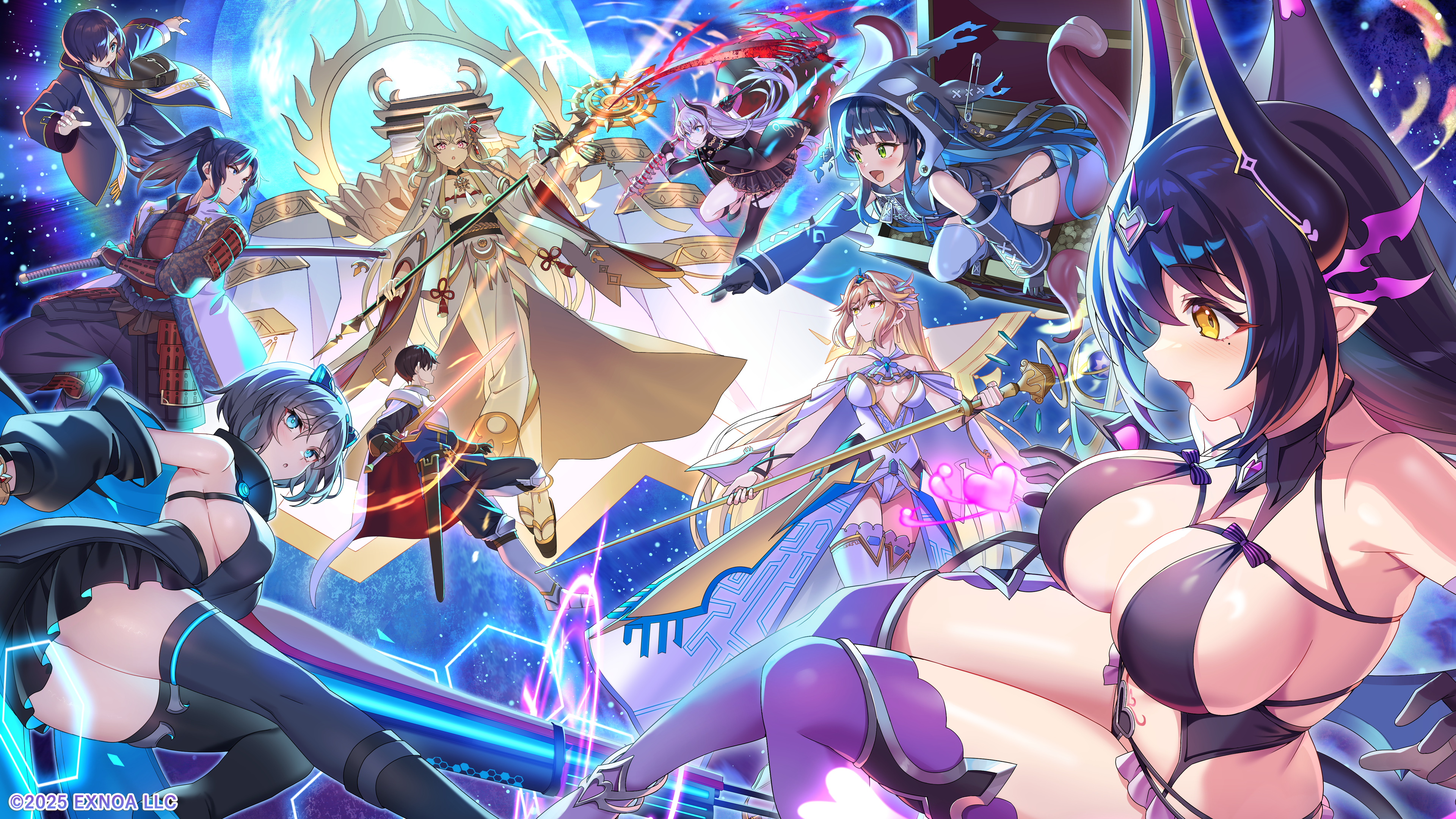 dmm, kuromi (monmusu td), lord (oshiro project), master (monmusu td), prince (sennen sensou aigis), monster musume td, oshiro project:re, sennen sensou aigis, absurdres, highres, official art, 3boys, 6+girls, asta (monmusu td), black hair, black thighhighs, blonde hair, blue eyes, breasts, brown hair, cleavage, demon girl, fighting stance, green eyes, hair over eyes, hair over one eye, holding, holding scepter, holding sword, holding weapon, horns, multiple boys, multiple girls, open mouth, purple hair, purple thighhighs, red eyes, scepter, sideboob, smile, sword, thighhighs, thighs, weapon, white hair, white thighhighs, yellow eyes