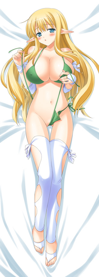 goma satoshi, tiffania westwood, zero no tsukaima, long image, tall image, 00s, 1girl, bikini, bikini pull, blonde hair, blue eyes, blush, breasts, cameltoe, cleavage, clothes pull, dakimakura (medium), elf, female focus, full body, green bikini, large breasts, long hair, lying, panties, panty pull, pointy ears, side-tie bikini bottom, solo, string bikini, swimsuit, the bed, thighhighs, toeless legwear, toes, underwear, undressing, untied bikini