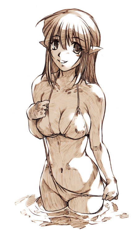 hisahiko, 1girl, bikini, bikini pull, breasts, cleavage, clothes pull, female focus, large breasts, long hair, monochrome, pointy ears, side-tie bikini bottom, solo, swimsuit