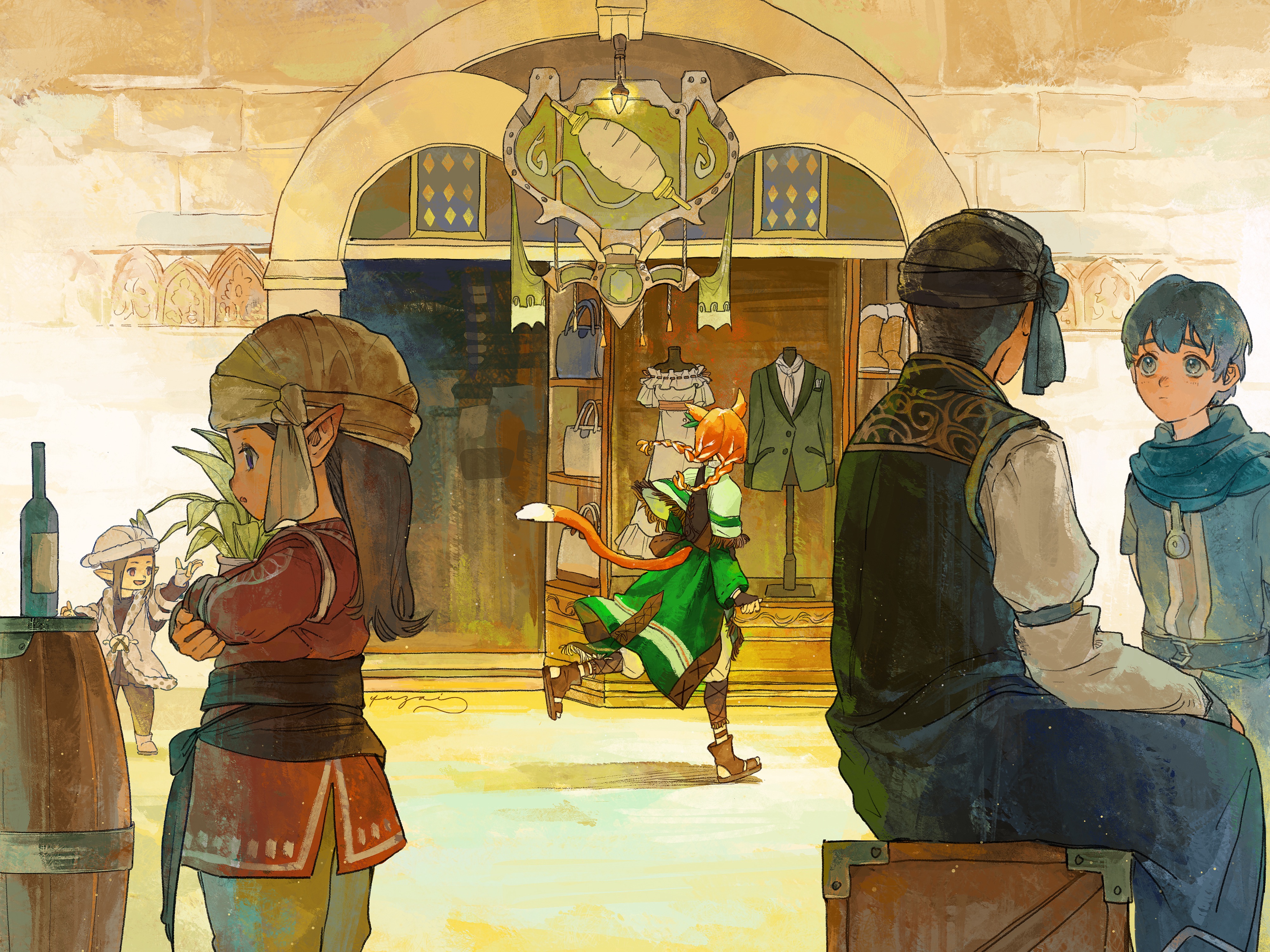 yuzaiii, warrior of light (ff14), final fantasy, final fantasy xiv, absurdres, chinese commentary, commentary request, highres, 1girl, 2boys, 2others, androgynous, animal ears, bottle, braid, bucket, cat ears, cat girl, cat tail, coat, green coat, headscarf, lalafell, miqo'te, multicolored hair, multiple boys, multiple others, orange hair, pointy ears, shop, signature, tail, twin braids, two-tone hair, ul'dah, white hair, white headscarf, wooden bucket