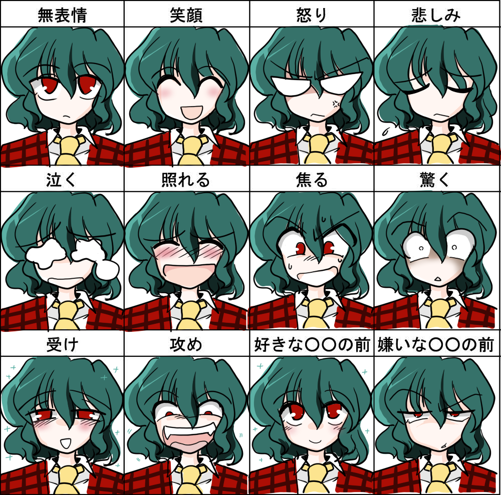 kieyza, kiezya, kazami yuuka, touhou, translation request, 1girl, :>, ^ ^, anger vein, ascot, chart, closed eyes, fangs, female focus, green hair, multiple expressions, multiple views, plaid clothes, plaid vest, red eyes, tears, vest