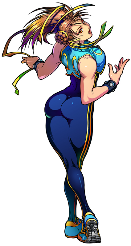 chun-li, capcom, street fighter, street fighter ii (series), street fighter online mouse generation, street fighter zero (series), 1990s (style), 1girl, ass, bare shoulders, bodysuit, braid, breasts, brown eyes, brown hair, chinese clothes, double vertical stripe, female focus, leotard, long hair, looking back, retro artstyle, ribbon, shoes, skin tight, small breasts, sneakers, solo, spandex, thick thighs, thighs, unitard