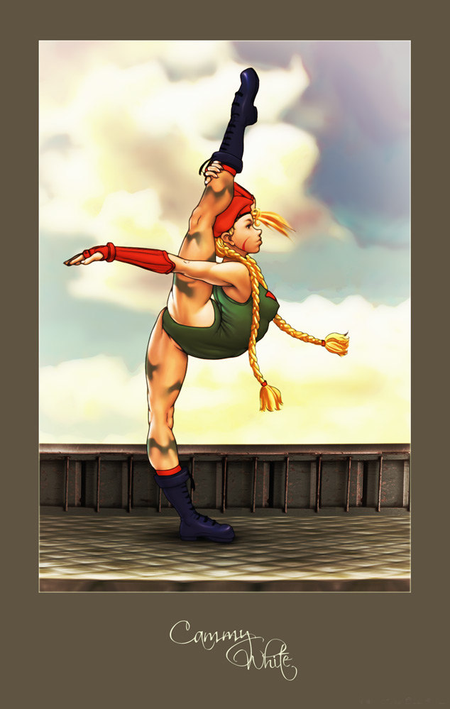 muhamaru yuni, cammy white, capcom, street fighter, street fighter ii (series), 1990s (style), 1girl, bare shoulders, beret, blonde hair, boots, braid, breasts, covered erect nipples, female focus, fingerless gloves, flexible, gloves, gymnastics, hat, leg lift, leotard, long hair, medium breasts, retro artstyle, solo, split, standing, standing on one leg, standing split, twin braids
