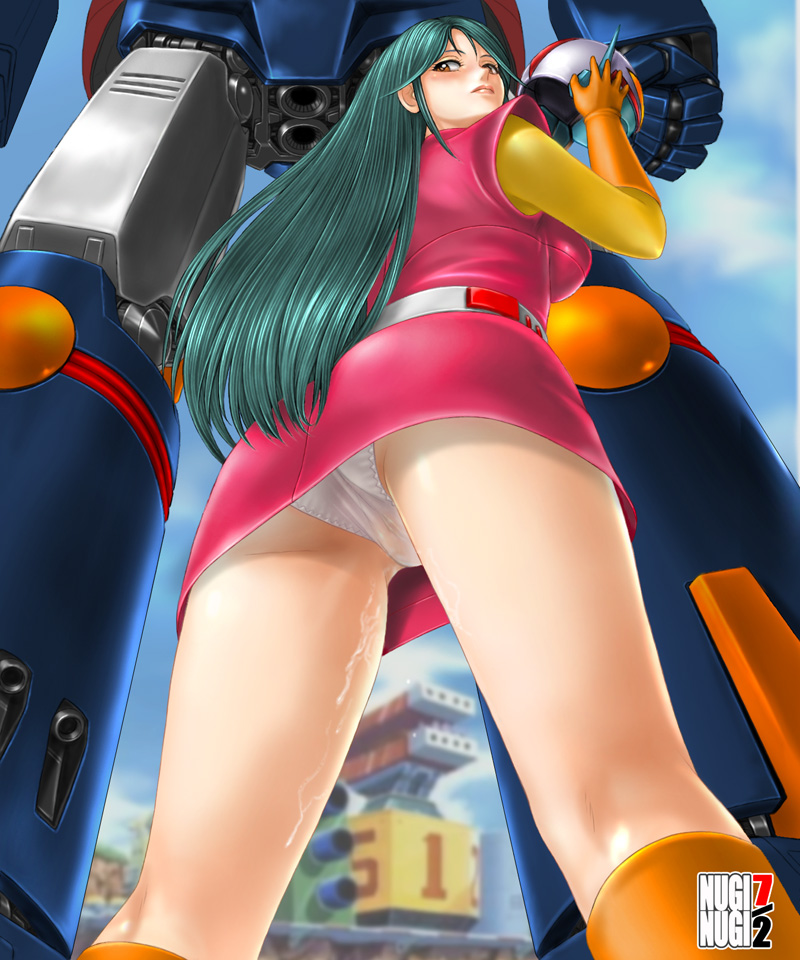 toten (der fuhrer), combattler v (robot), nanbara chizuru, choudenji robo combattler v, sunrise (company), toei company, 1970s (style), 1girl, brown eyes, cameltoe, from below, green hair, helmet, long hair, mecha, oldschool, panties, pantyshot, pussy juice, retro artstyle, robot, see-through clothes, underwear, upskirt, white panties