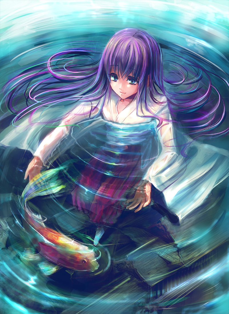 shimaji, original, 1girl, afloat, blue eyes, female focus, fish, floating, hakama, hakama skirt, japanese clothes, koi, long hair, miko, partially submerged, purple hair, skirt, solo, swimming, water