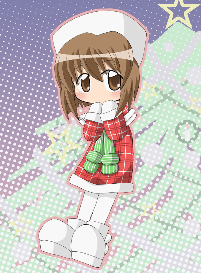 yoshiwo (kanikama), hagiwara yukiho, idolmaster, idolmaster (classic), 00s, 1girl, brown eyes, brown hair, chibi, female focus, full body, fur hat, hat, mittens, pantyhose, short hair, solo