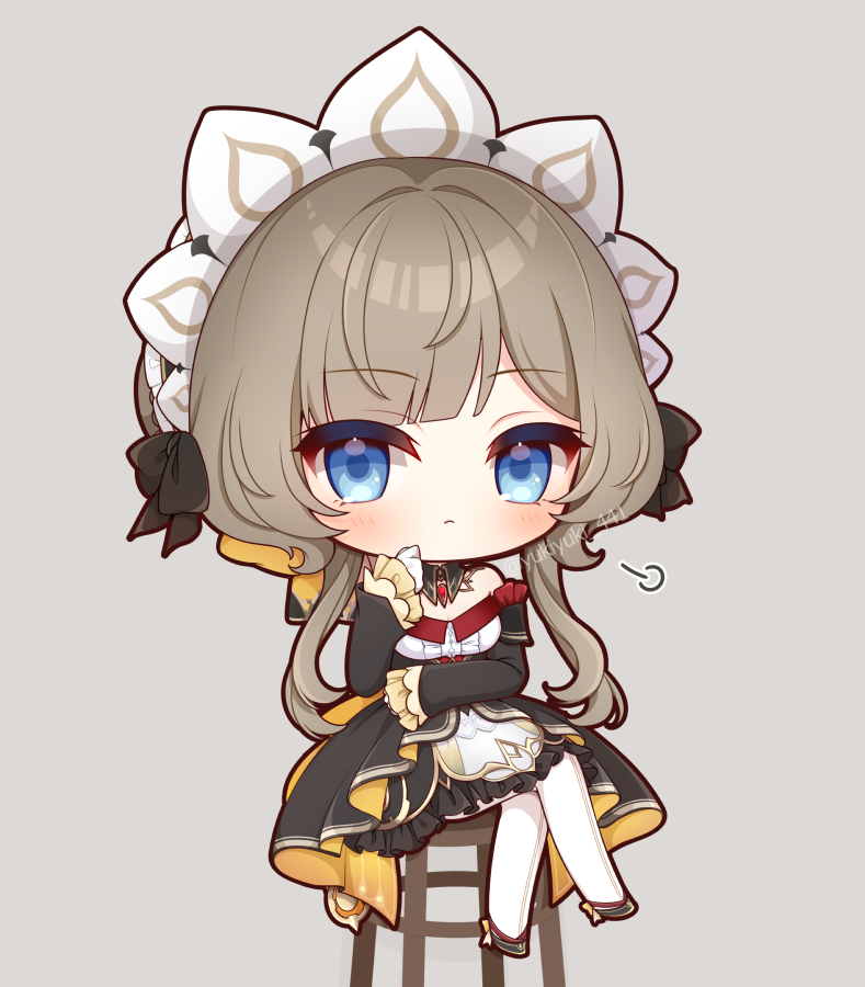 yukiyuki 441, sandrone (genshin impact), genshin impact, hashtag-only commentary, 1girl, :<, black bow, black collar, black dress, blue eyes, blush, bow, brown hair, chibi, chibi only, closed mouth, collar, detached collar, dress, frilled dress, frilled sleeves, frills, full body, gloves, grey background, hair bow, headdress, looking at viewer, pantyhose, puff of air, short hair with long locks, simple background, sitting, solo, twitter username, white gloves, white headdress, white pantyhose