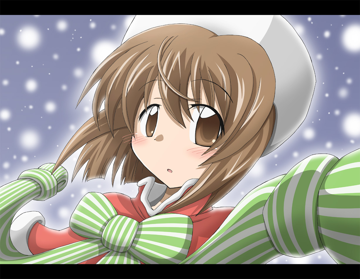 yoshiwo (kanikama), hagiwara yukiho, idolmaster, idolmaster (classic), 00s, 1girl, brown eyes, brown hair, female focus, fur hat, hat, outdoors, short hair, snow, solo
