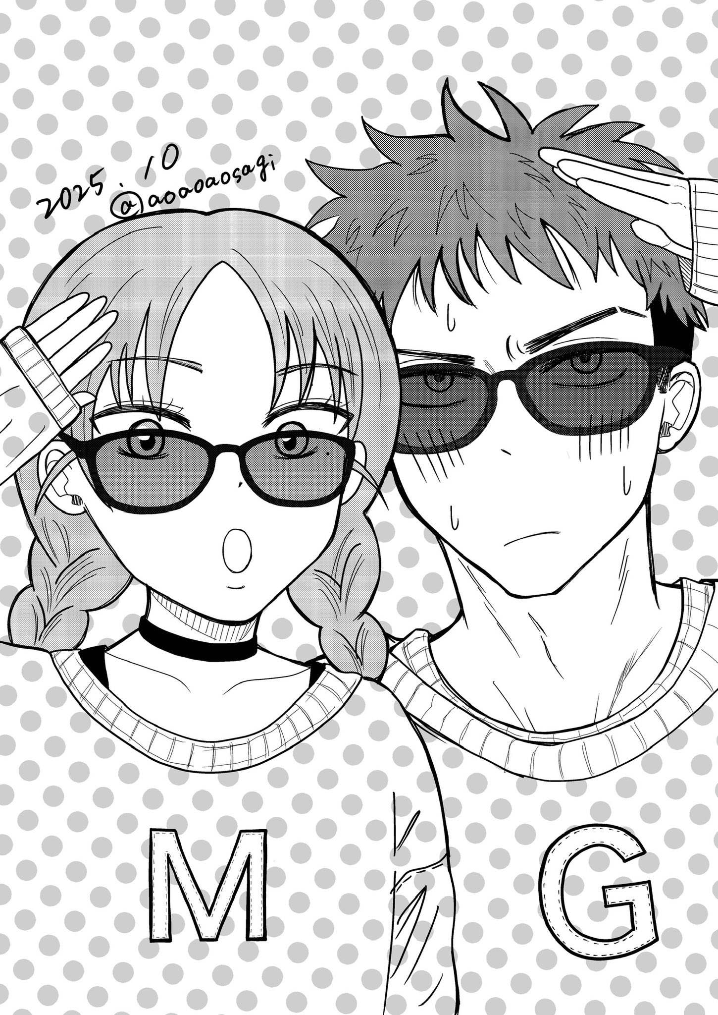 tohno gen, uchida momo, futsuu no keion-bu, braided twintails, highres, 1boy, 1girl, :/, :o, aoaoaosagi, braid, choker, collarbone, dated, eyebrow cut, greyscale, hand up, long hair, matching outfits, mole, mole under eye, monochrome, open mouth, parted bangs, polka dot, polka dot background, polka dot sweater, salute, short hair, sunglasses, sweat, tsurime, twin braids, twintails, twitter username, upper body, v-shaped eyebrows, very short hair