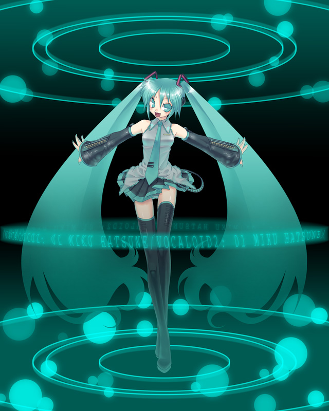 mitake eil, hatsune miku, vocaloid, tagme, aqua eyes, aqua hair, long hair, necktie, solo, thighhighs, twintails, very long hair