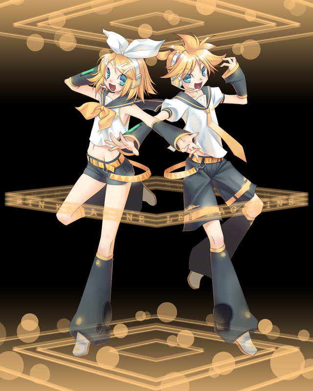 mitake eil, kagamine len, kagamine rin, vocaloid, 1boy, 1girl, blonde hair, blue eyes, brother and sister, ribbon, siblings, twins