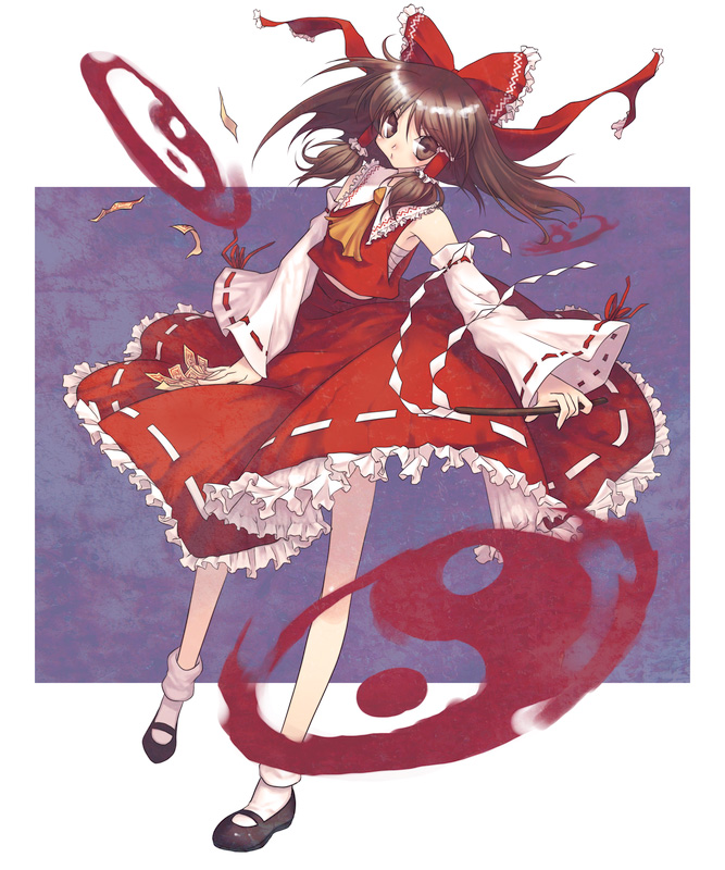 mitake eil, hakurei reimu, touhou, 1girl, female focus, full body, gohei, ofuda, ribbon, skirt, solo