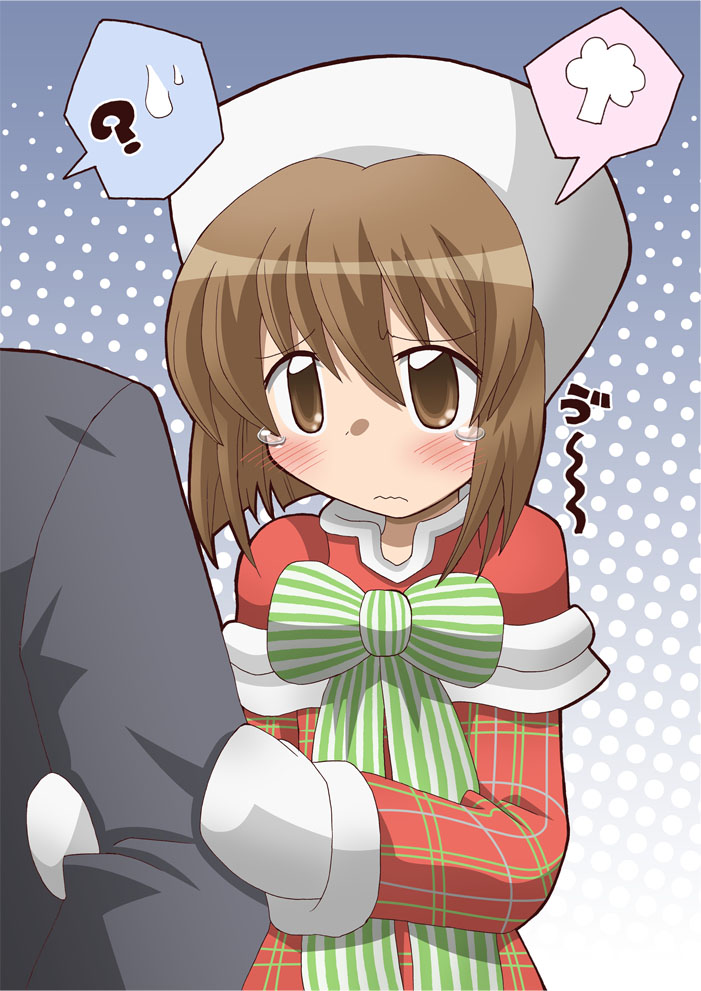 yoshiwo (kanikama), hagiwara yukiho, idolmaster, idolmaster (classic), 00s, 1boy, 1girl, blush, brown eyes, brown hair, female focus, fur hat, hat, mittens, short hair, solo, tears