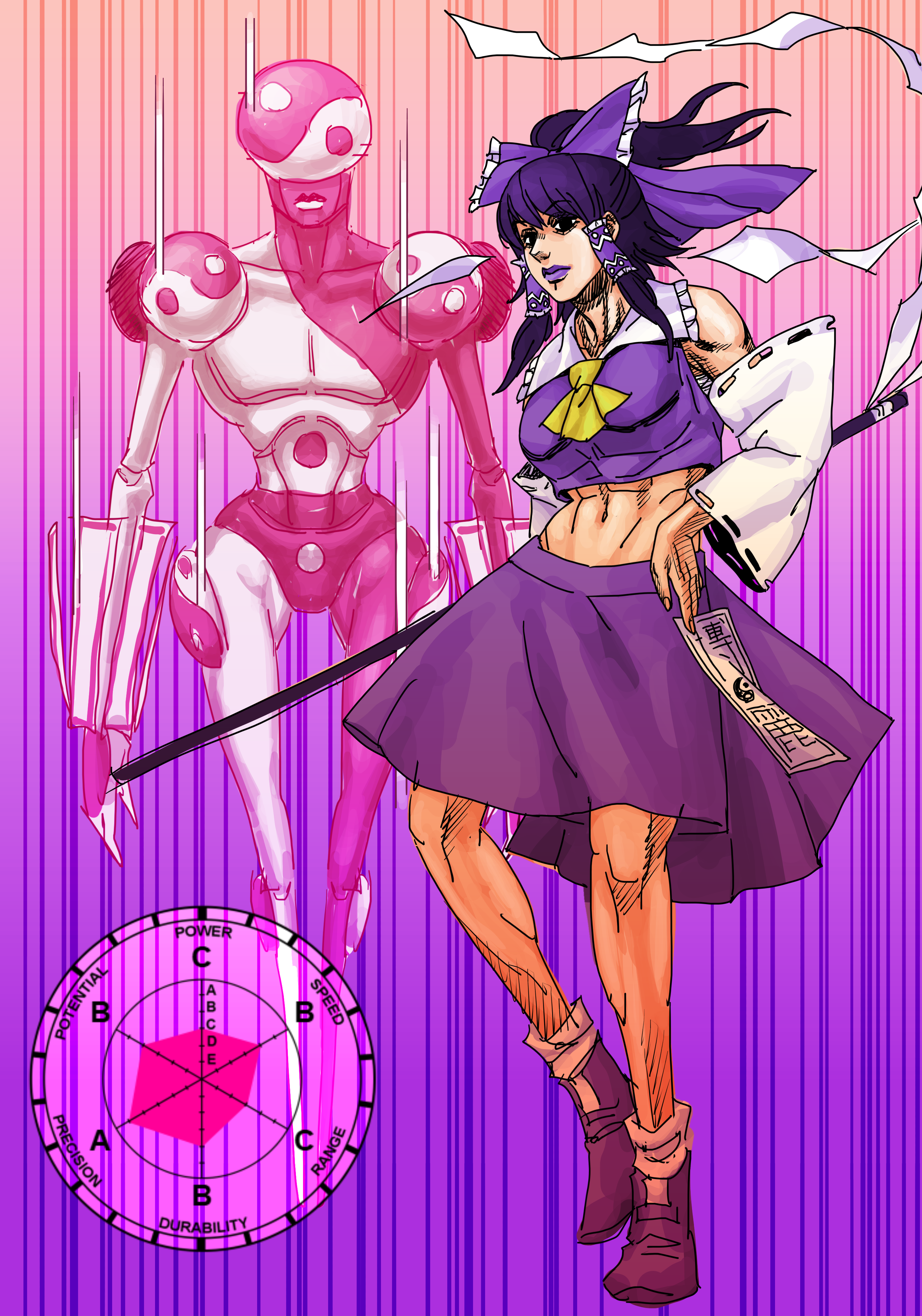 eddybird55555, hakurei reimu, jojo no kimyou na bouken, touhou, absurdres, highres, 1girl, 1other, araki hirohiko (style), ascot, between fingers, black eyes, bow, detached sleeves, full body, gohei, gradient background, hair tubes, hand on own hip, holding, holding gohei, lipstick, long hair, makeup, midriff, navel, ofuda, ofuda between fingers, orb, parody, ponytail, purple bow, purple hair, purple lips, purple shirt, purple shoes, purple skirt, shirt, shoes, skirt, stand (jojo), style parody, toned, toned female, wide sleeves, yellow ascot, yin yang, yin yang orb
