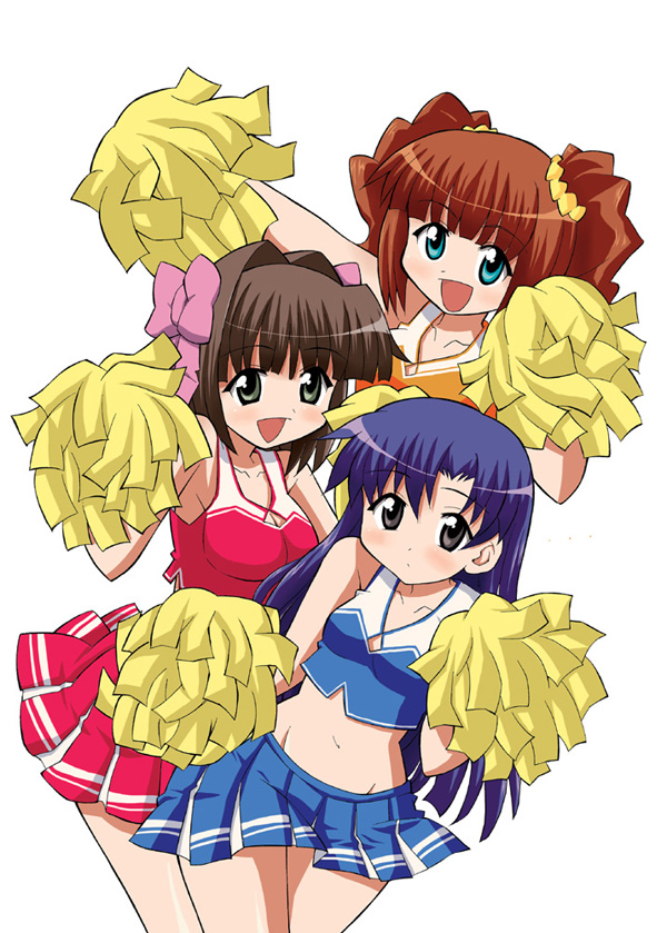 kazuchi, amami haruka, kisaragi chihaya, takatsuki yayoi, idolmaster, idolmaster (classic), idolmaster 1, non-web source, 00s, aqua eyes, black eyes, blue hair, blush, brown hair, cheerleader, crop top, long hair, midriff, open mouth, pom pom (cheerleading), short hair, twintails