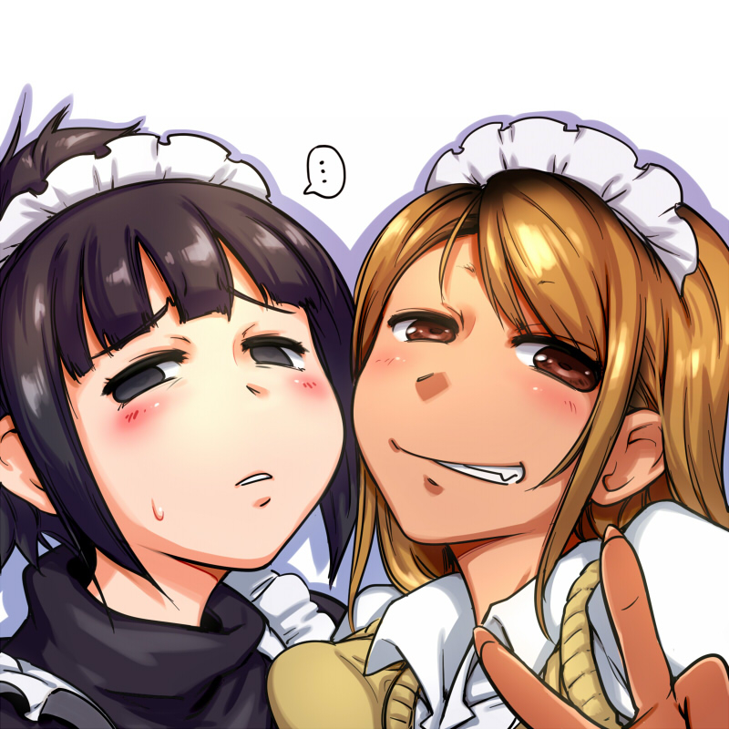tetsuwan woopie, original, 2girls, apron, before and after, black dress, black eyes, blush, brown eyes, brown hair, dress, gyaru, maid headdress, medium hair, multiple girls, shirt, sidelocks, turtleneck, v, vest, white shirt