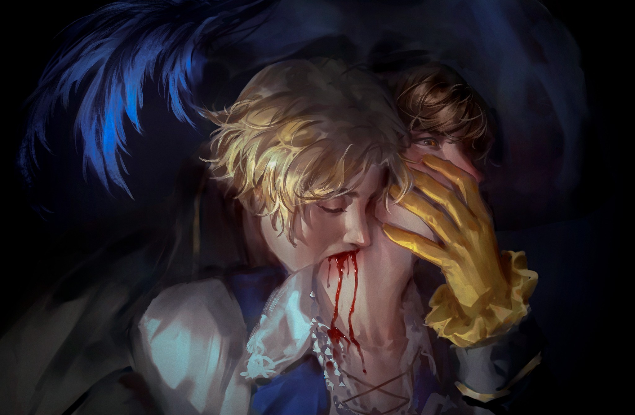 suikamelony, bill cipher, dipper pines, gravity falls, highres, 2boys, aged up, biting, blonde hair, blood, brown hair, gloves, hat, male focus, multiple boys, neck biting, nose, painterly, personification, pirate, pirate hat, realistic, shirt, short hair, vampire, vest, yaoi, yellow gloves