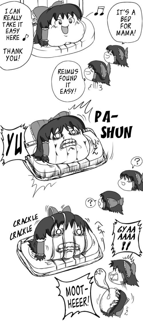 hakurei reimu, yukkuri reimu, touhou, hard-translated, third-party edit, translated, blood, comic, death, egg slicer, english text, greyscale, guro, koyukkuri, monochrome, simple background, yukkuri shiteitte ne