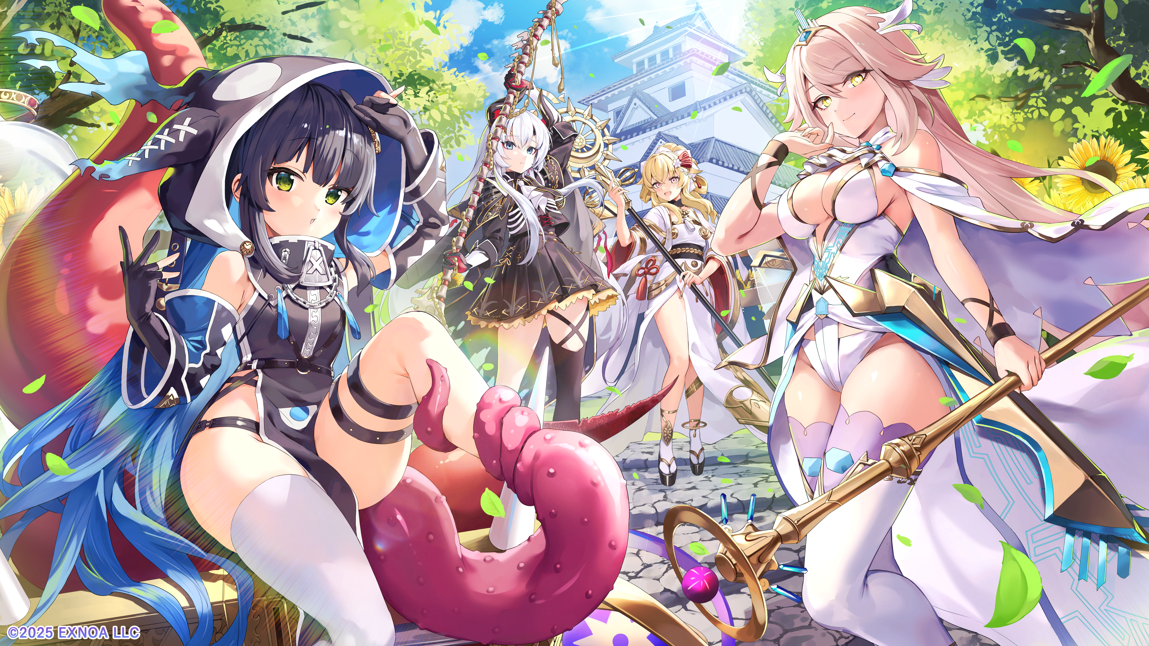 dmm, monster musume td, absurdres, highres, official art, 4girls, asta (monmusu td), asymmetrical legwear, black hair, blonde hair, blue eyes, breasts, cleavage, gloves, green eyes, holding, holding scepter, legs, looking at viewer, multiple girls, open mouth, partially fingerless gloves, purple eyes, scepter, side slit, smile, tentacles, thighhighs, thighs, tree, white hair, white thighhighs, yellow eyes