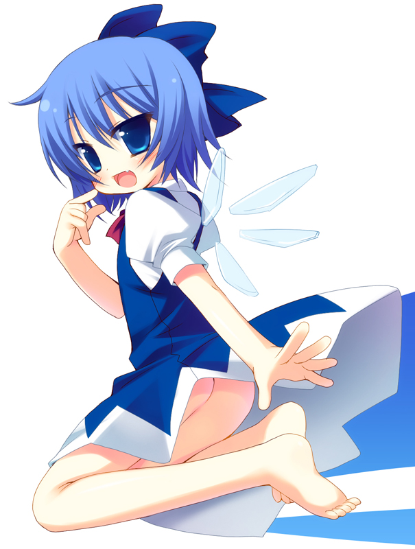 meito (maze), cirno, embodiment of scarlet devil, touhou, 1girl, ass, barefoot, blue eyes, blue hair, blush, dress, fang, feet, female focus, full body, hair ribbon, matching hair/eyes, no panties, open mouth, ribbon, short hair, soles, solo, white background, wings