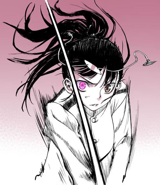satou atsuki, sakamoto mio, strike witches, world witches series, 00s, 1girl, eyepatch, female focus, gradient background, holding, holding sword, holding weapon, solo, sword, weapon