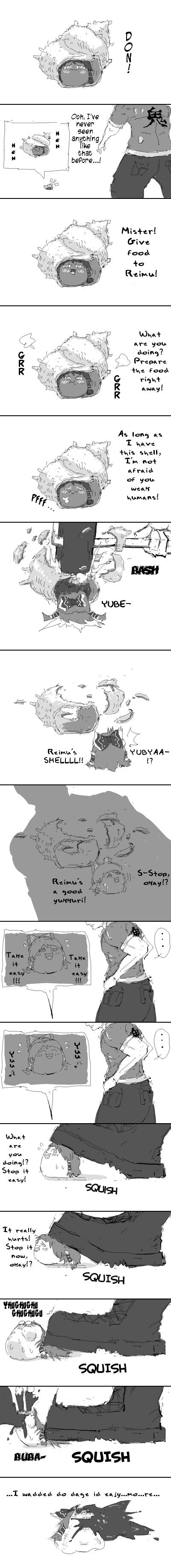 hakurei reimu, yukkuri reimu, touhou, absurdres, hard-translated, highres, long image, tall image, third-party edit, translated, blood, comic, death, english text, ero guro, greyscale, guro, monochrome, seashell, shell, yukkuri shiteitte ne
