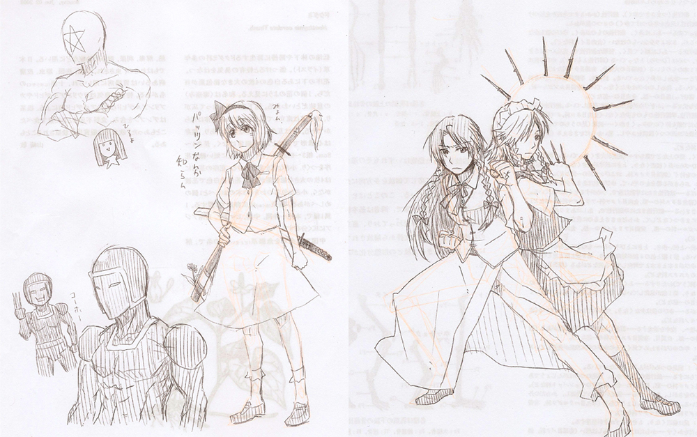 torinone, hong meiling, izayoi sakuya, konpaku youmu, pentagon (character), warsman, kinnikuman, touhou, bad id, bad pixiv id, 3girls, between fingers, braid, brown theme, female focus, fighting stance, hairband, holding, katana, knife, long hair, maid, monochrome, multiple girls, short hair, sketch, sword, throwing knife, twin braids, weapon