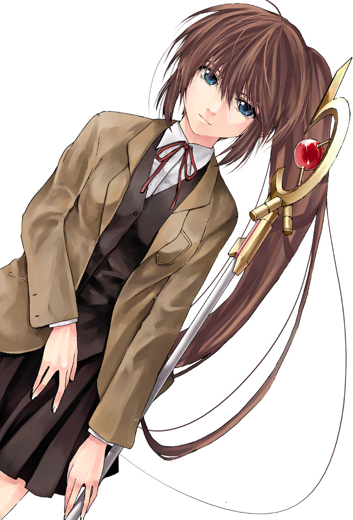 raid slash, raising heart, raising heart (accel mode), takamachi nanoha, lyrical nanoha, mahou shoujo lyrical nanoha, mahou shoujo lyrical nanoha strikers, 00s, 1girl, black dress, brown hair, collared shirt, dress, female focus, jacket, long hair, long sleeves, looking at viewer, open clothes, open jacket, pleated skirt, school uniform, shirt, side ponytail, simple background, skirt, solo, very long hair, white background, white shirt