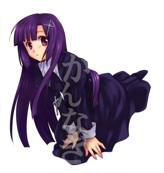 konno rei, zange, kannagi, 00s, 1girl, black dress, blush, dress, dutch angle, female focus, hair ornament, kneeling, long hair, long sleeves, looking at viewer, purple eyes, purple hair, simple background, solo, very long hair, white background, x hair ornament