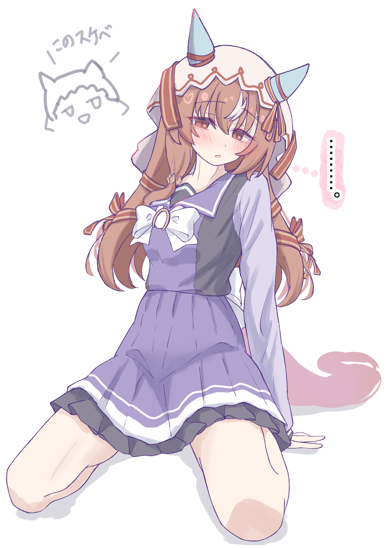 tofu thunder, still in love (umamusume), umamusume, highres, …, 1girl, 1other, animal ears, blush, bow, bowtie, breasts, brown hair, ear covers, ear ribbon, hair between eyes, hair ornament, horse ears, horse girl, horse tail, long hair, long sleeves, looking at viewer, open mouth, parted lips, purple sailor collar, purple serafuku, purple shirt, purple skirt, red eyes, sailor collar, sailor shirt, school uniform, seiza, serafuku, shirt, simple background, sitting, skirt, solo, speech bubble, tail, tracen school uniform, veil, white background, white bow, white bowtie, white veil