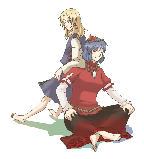 torinone, moriya suwako, yasaka kanako, touhou, 2girls, back-to-back, barefoot, blonde hair, blue hair, dress, feet, female focus, hair ornament, indian style, leaf, leaf hair ornament, mirror, multiple girls, no headwear, red eyes, rope, shimenawa, short hair, sitting, skirt