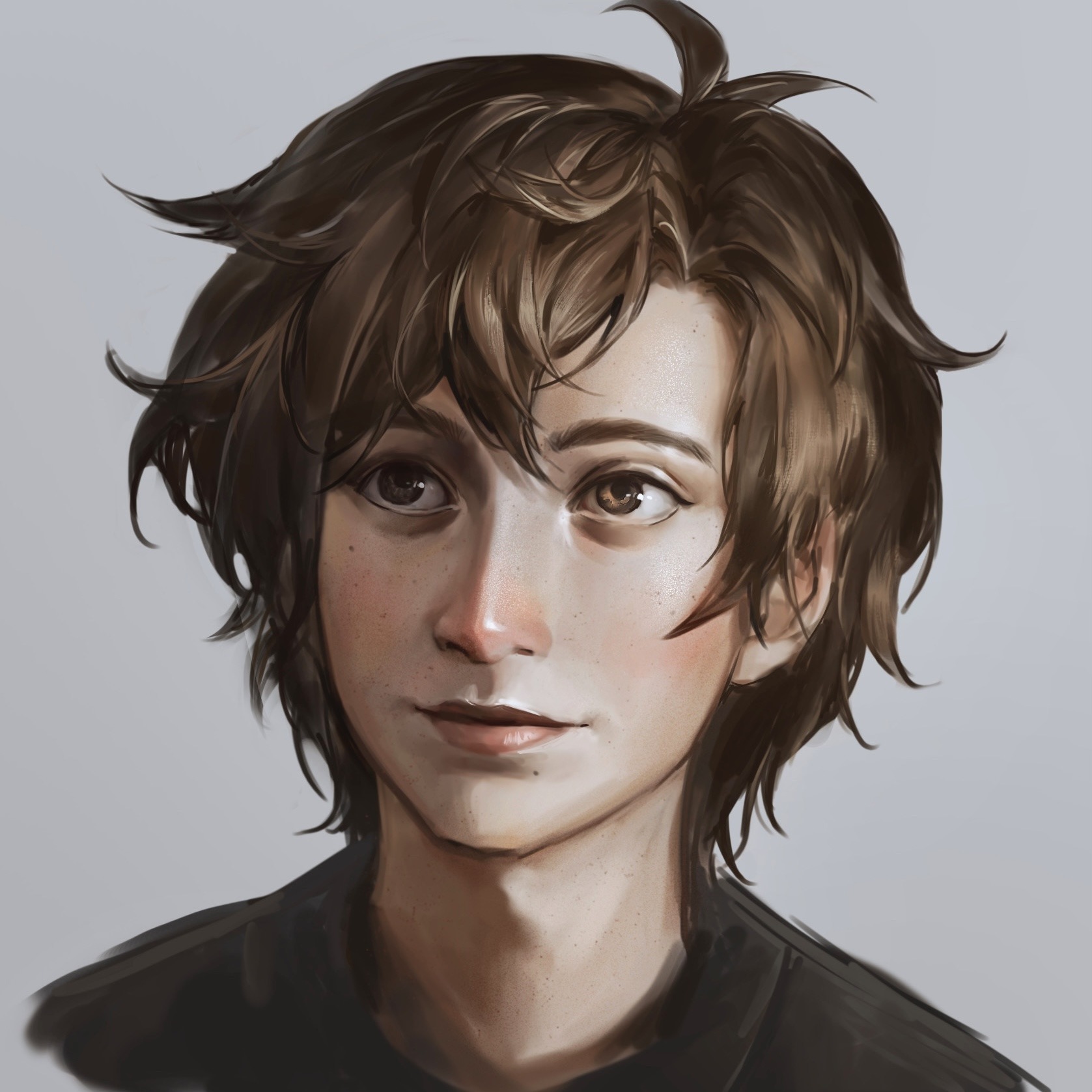 suikamelony, dipper pines, gravity falls, highres, 1boy, brown hair, freckles, lips, male focus, nose, painterly, realistic, shirt, short hair, solo, upper body