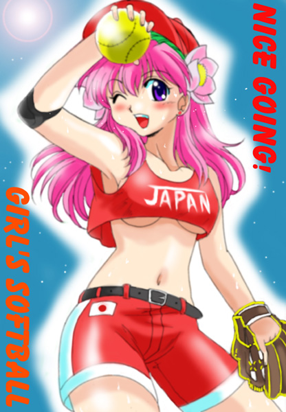 milfeulle sakuraba, galaxy angel, 00s, 1girl, baseball, baseball glove, belt, blue eyes, blush, breasts, crop top, female focus, flower, hair flower, hair ornament, long hair, midriff, one eye closed, open mouth, pencil skirt, pink hair, shorts, skirt, smile, solo, underboob, wink