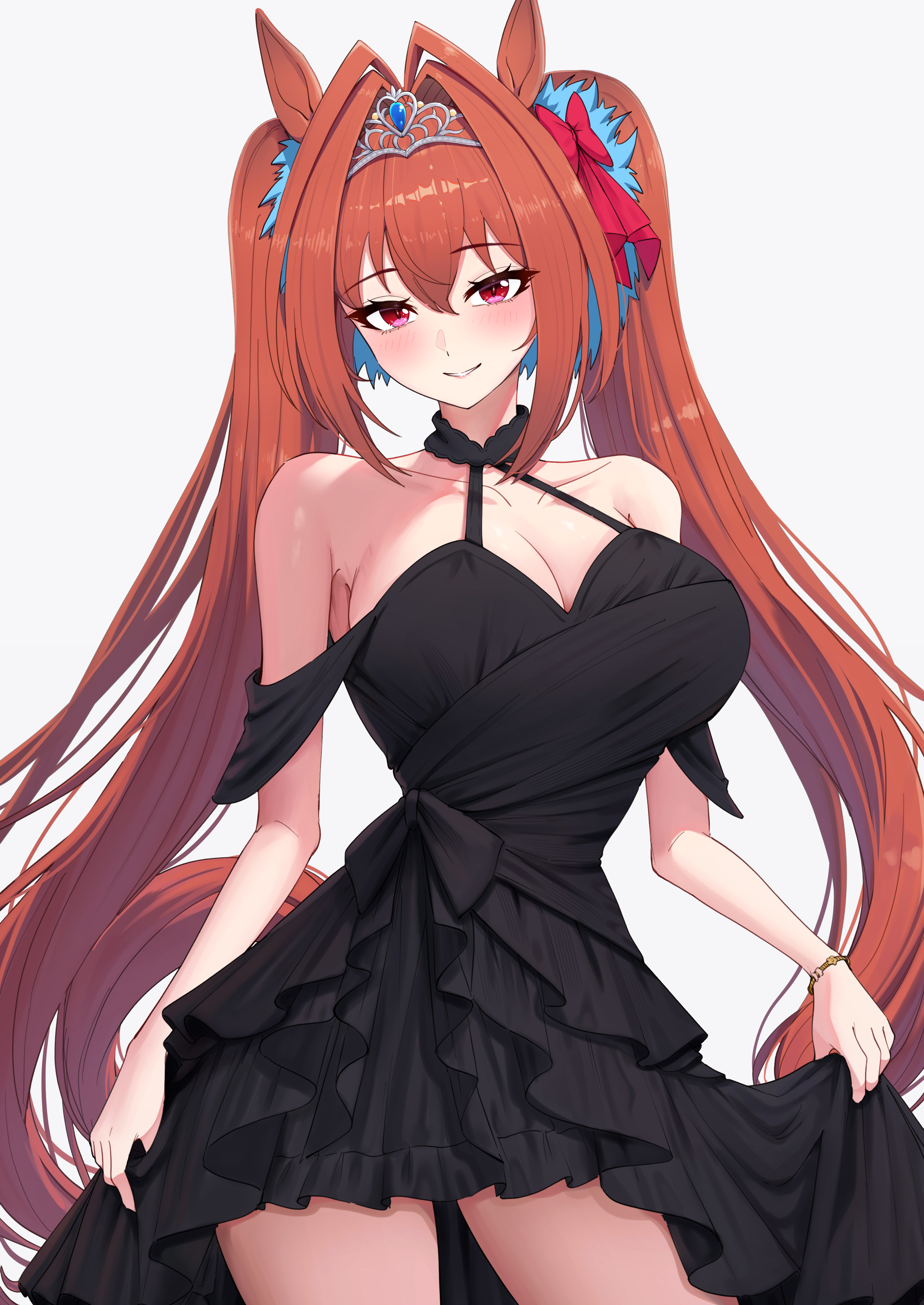 take978733141, daiwa scarlet (umamusume), umamusume, absurdres, highres, 1girl, animal ears, antenna hair, bare shoulders, black dress, blush, breasts, brown hair, cleavage, closed mouth, collarbone, dress, hair between eyes, hair intakes, horse ears, horse girl, horse tail, large breasts, long hair, looking at viewer, parted lips, red eyes, simple background, smile, solo, tail, thighs, tiara, twintails, very long hair, white background