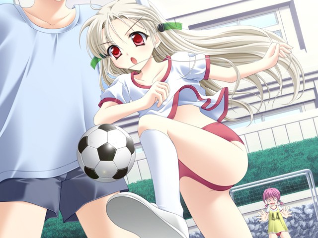 matsushita makako, rakko (makarakko), kousaka himeko, like life, game cg, non-web source, 1boy, 2girls, :o, ball, buruma, cellphone, clothes lift, goalkeeper, gym uniform, head out of frame, long hair, midriff, multiple girls, phone, pink hair, playing sports, red eyes, shirt lift, soccer, soccer ball, socks, solo focus, telstar, white hair