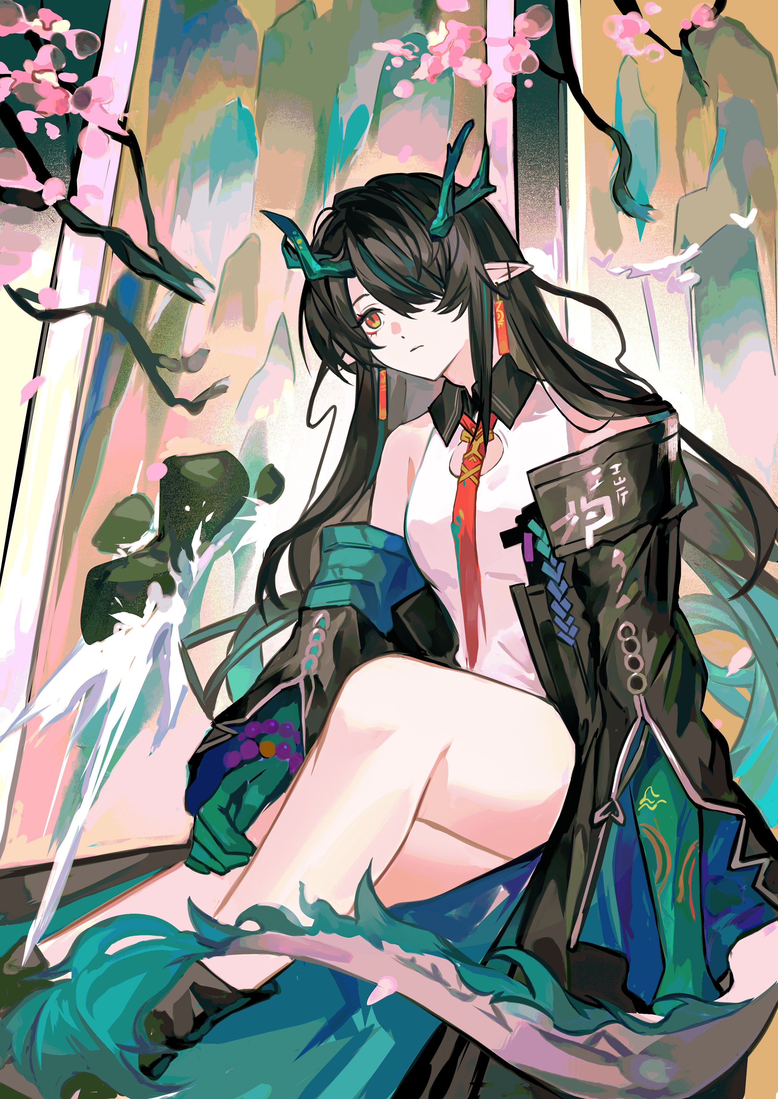 cen (acheng02806053), dusk (arknights), arknights, absurdres, highres, 1girl, bare shoulders, beads, black coat, black hair, branch, cherry blossoms, cleavage cutout, closed mouth, clothing cutout, coat, collared dress, colored extremities, contrast collar, dragon girl, dragon horns, dragon tail, dress, earrings, flower, green hair, hair over one eye, hand on own leg, horns, jewelry, long hair, looking ahead, multicolored hair, necktie, off shoulder, one eye covered, orange eyes, pink flower, pointy ears, red necktie, short dress, sitting, sleeveless, sleeveless dress, solo, streaked hair, tail, torn clothes, torn necktie, white dress