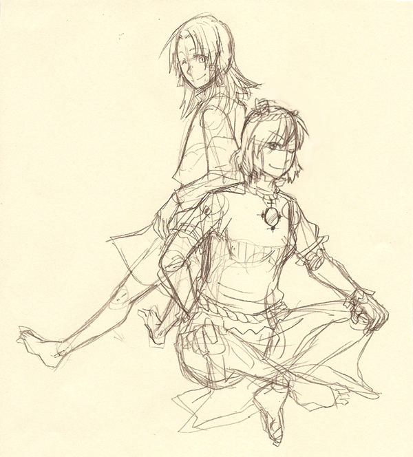 torinone, moriya suwako, yasaka kanako, touhou, bad id, bad pixiv id, 2girls, barefoot, brown theme, female focus, monochrome, multiple girls, short hair, simple background, sketch, yellow background