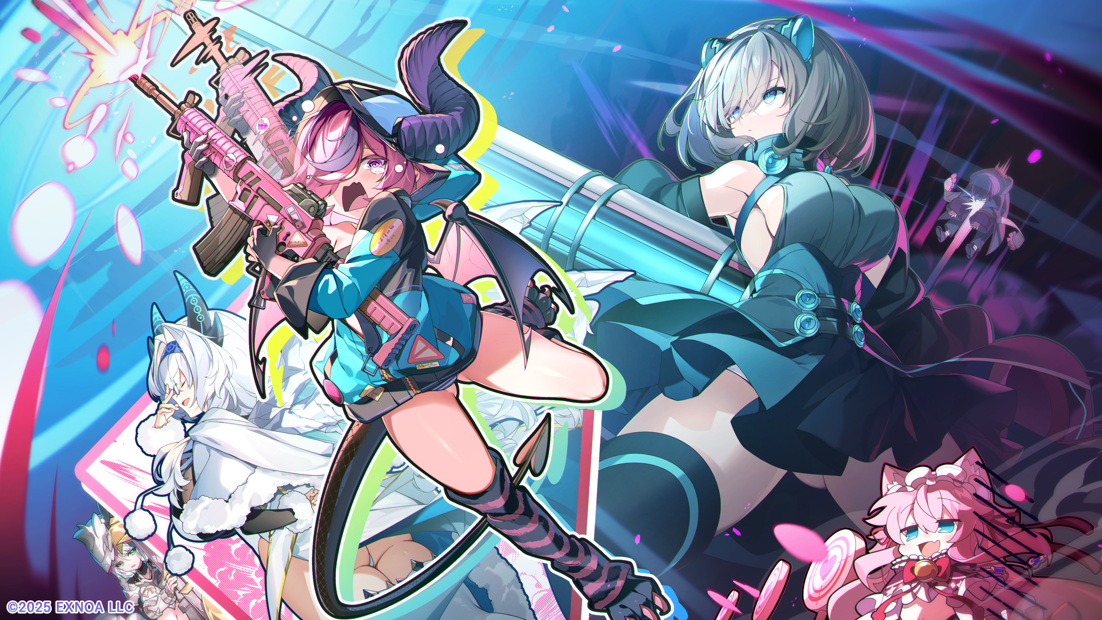 dmm, master (monmusu td), vivi vache (monmusu td), monster musume td, absurdres, highres, official art, 5girls, adjusting eyewear, black hair, blue eyes, breasts, closed eyes, demon tail, firing, glasses, green eyes, grey hair, gun, holding, holding gun, holding weapon, horns, multiple girls, navel, open mouth, pink eyes, pink hair, sideboob, tail, thighs, weapon, white hair