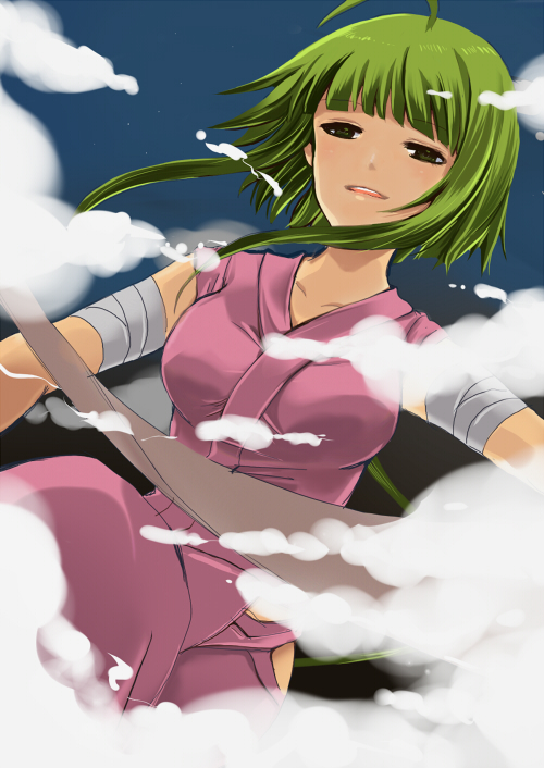 masaki (celesta), nagase kaede, mahou sensei negima!, 00s, 1girl, ahoge, bandages, blunt bangs, breasts, clothing cutout, collarbone, facing viewer, female focus, floating hair, green eyes, green hair, happy, hip vent, japanese clothes, kimono, large breasts, leg up, long hair, looking at viewer, matching hair/eyes, ninja, open mouth, pink kimono, scroll, sleeveless, sleeveless kimono, smile, smoke, solo, standing, teeth, tongue