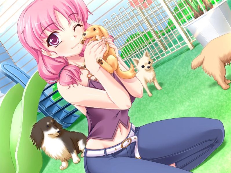 aogiri penta, kirishima yae, yamitsuki!, game cg, jpeg artifacts, non-web source, 1girl, denim, dog, dutch angle, female focus, jeans, long hair, one eye closed, pants, pink hair, purple eyes, solo, wink