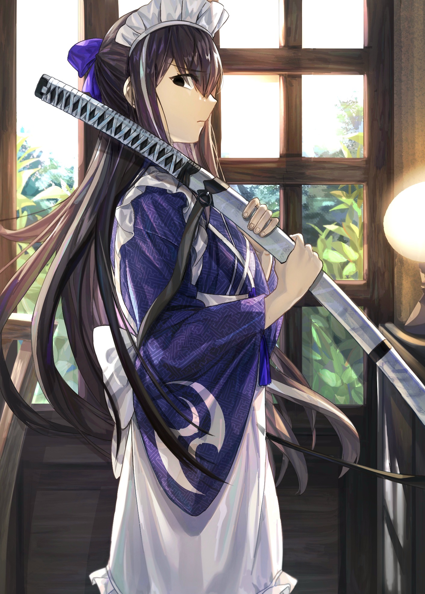 user nzfe2845, kawakami gensai (fate), fate/grand order, fate (series), highres, 1girl, apron, black eyes, black hair, holding, holding sword, holding weapon, japanese clothes, katana, kawakami gensai (second ascension) (fate), kimono, long hair, maid, maid apron, maid headdress, profile, purple kimono, sheath, sheathed, sword, wa maid, weapon, wide sleeves, window