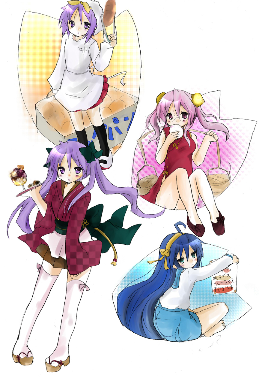 tsukiyo, tsukiyo (skymint), hiiragi kagami, hirano aya, izumi konata, suzumiya haruhi, takara miyuki, lucky star, suzumiya haruhi no yuuutsu, bad id, bad pixiv id, highres, 4girls, ahoge, bamboo steamer, bread, china dress, chinese clothes, cosplay, desert, dress, dumpling, food, multiple girls, suzumiya haruhi (cosplay), thighhighs, voice actor connection, waitress