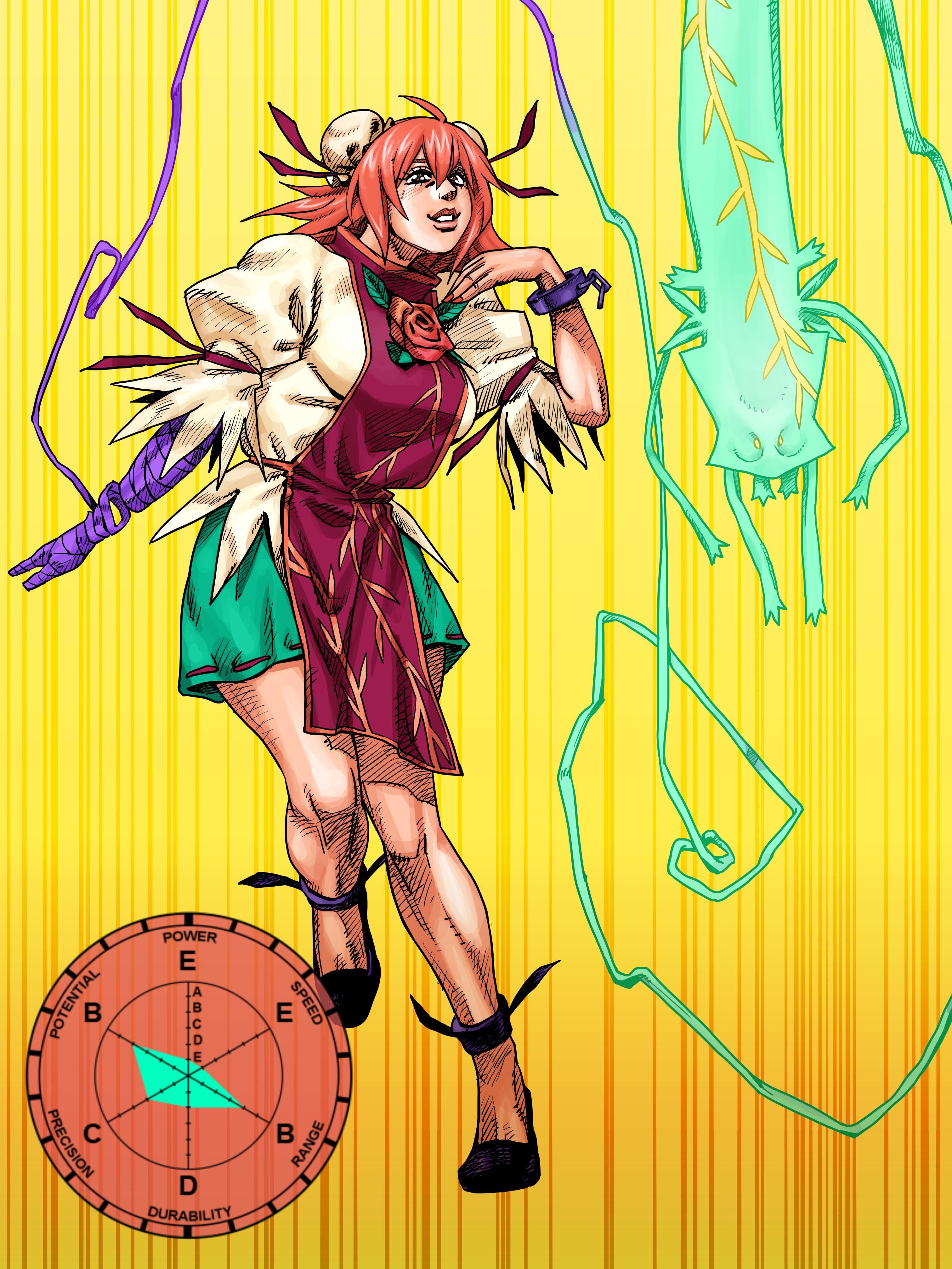 eddybird55555, ibaraki kasen, jojo no kimyou na bouken, touhou, absurdres, highres, 1girl, 1other, araki hirohiko (style), bandaged arm, bandages, black shoes, brooch, double bun, flower, flower brooch, full body, gradient background, green skirt, hair bun, jewelry, medium hair, parody, red nails, red ribbon, red tabard, ribbon, rose, shirt, shoes, short hair, short sleeves, simple background, skirt, stand (jojo), style parody, tabard, white shirt, wrist cuffs, yellow background