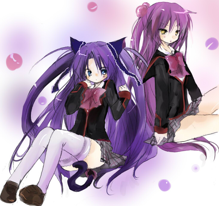 tsukiyo, tsukiyo (skymint), futaki kanata, sasasegawa sasami, little busters!, bad id, bad pixiv id, 2girls, animal ears, bow, cat ears, multiple girls, pink bow, purple hair, thighhighs