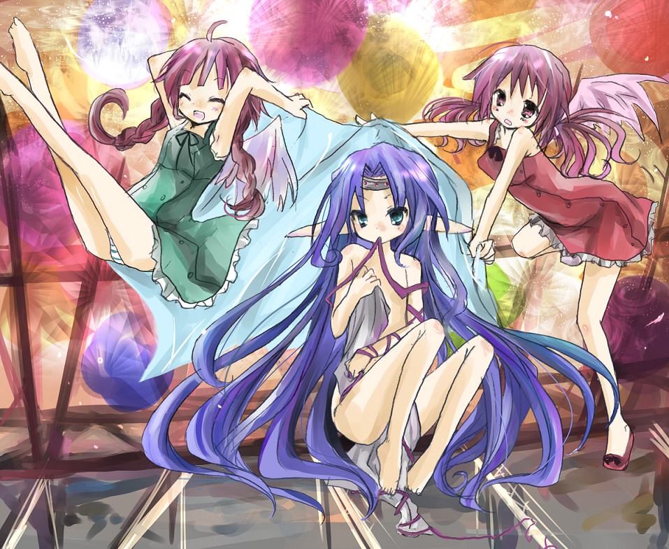 tsukiyo, tsukiyo (skymint), original, bad id, bad pixiv id, blue hair, panties, pink hair, pointy ears, ribbon, underwear, undressing