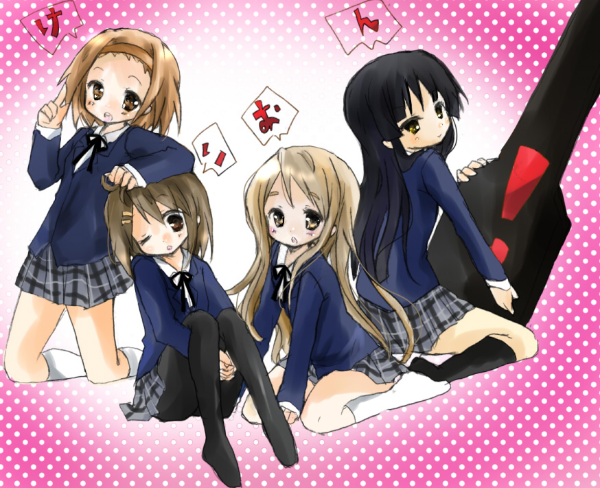 tsukiyo, tsukiyo (skymint), akiyama mio, hirasawa yui, kotobuki tsumugi, tainaka ritsu, k-on!, !, 00s, 4girls, black socks, headband, ho-kago tea time, kneehighs, kneeling, long hair, medium hair, multiple girls, one eye closed, open mouth, pantyhose, plaid clothes, plaid skirt, polka dot, sakuragaoka high school uniform, school uniform, sitting, skirt, socks, white socks
