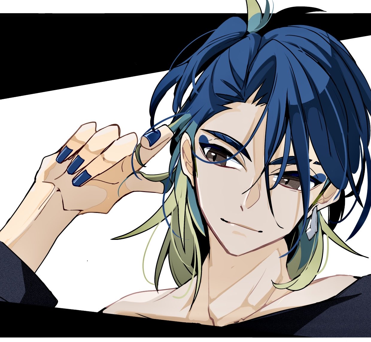 cocoa s3, adaman (pokemon), nintendo, pokemon, pokemon legends: arceus, 1boy, blue hair, blue nails, brown eyes, closed mouth, collarbone, earrings, eyebrow cut, green hair, jewelry, looking at viewer, male focus, multicolored hair, portrait, smile, solo