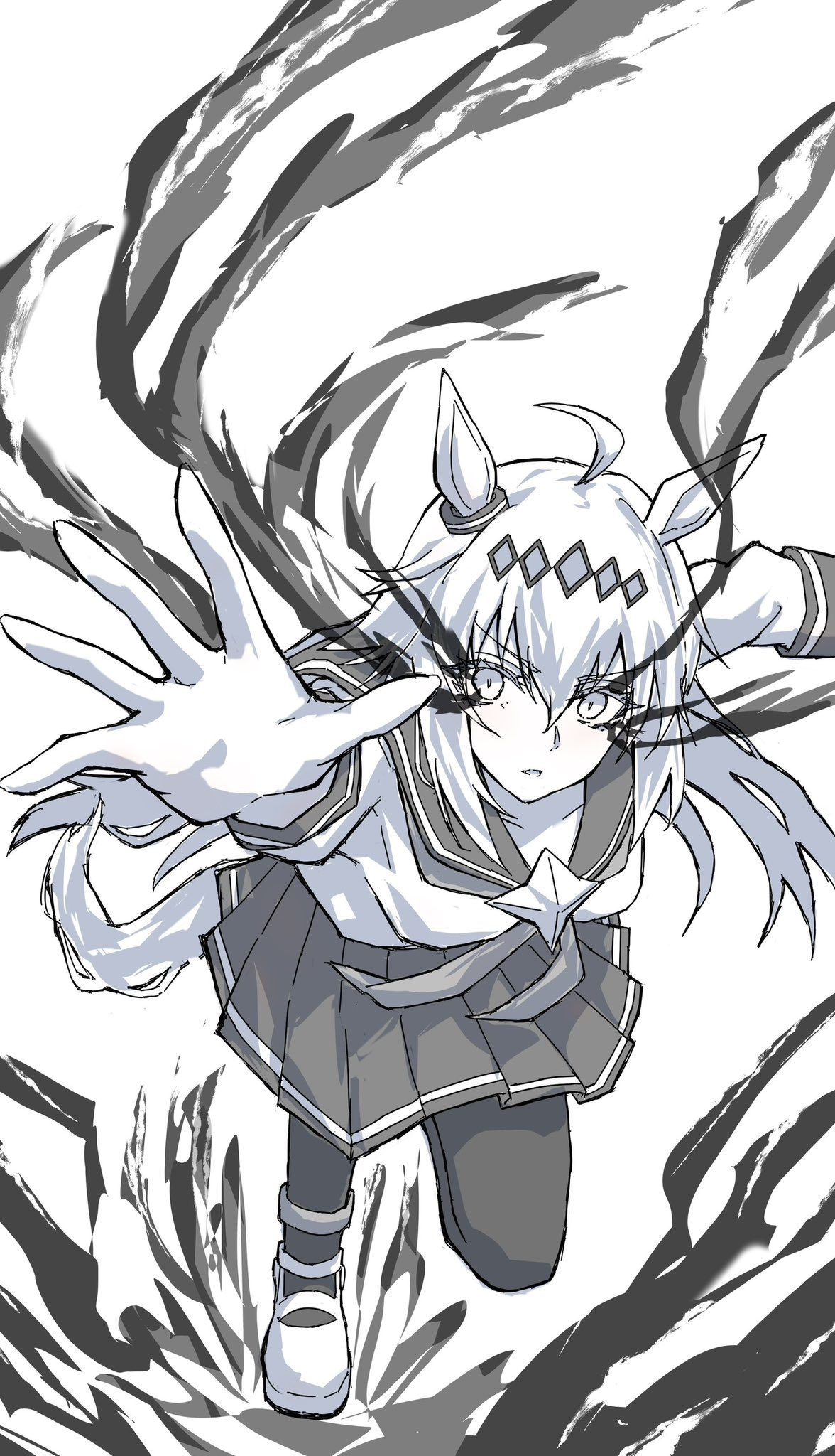 alumina (kennmeidesu), oguri cap (starlight beat) (umamusume), oguri cap (umamusume), umamusume, highres, 1girl, ahoge, animal ears, breasts, brooch, ear ornament, greyscale, hair between eyes, hair ornament, hairband, horse ears, horse girl, horse tail, jacket, jewelry, long hair, long sleeves, looking at viewer, monochrome, multicolored hair, neckerchief, outstretched arm, pantyhose, parted lips, pleated skirt, sailor collar, shirt, shoes, simple background, skirt, solo, star brooch, tail