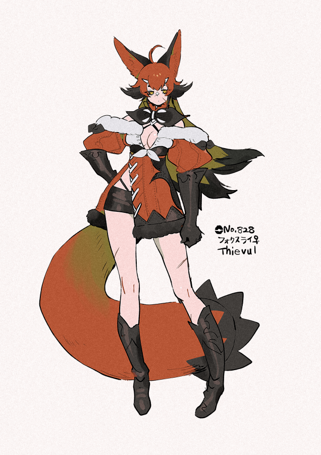 harurie, thievul, nintendo, pokemon, 1girl, animal ears, black boots, black bow, black bowtie, black fur, black gloves, black hair, black shorts, boots, bow, bowtie, breasts, cleavage, fox ears, fox girl, fox tail, full body, fur trim, gen 8 pokemon, gloves, hand on own hip, looking at viewer, multicolored hair, off-shoulder shirt, off shoulder, personification, pokemon (creature), red fur, red hair, red shirt, scar, shirt, short shorts, shorts, simple background, solo, standing, tail, two-tone hair, white background, yellow eyes