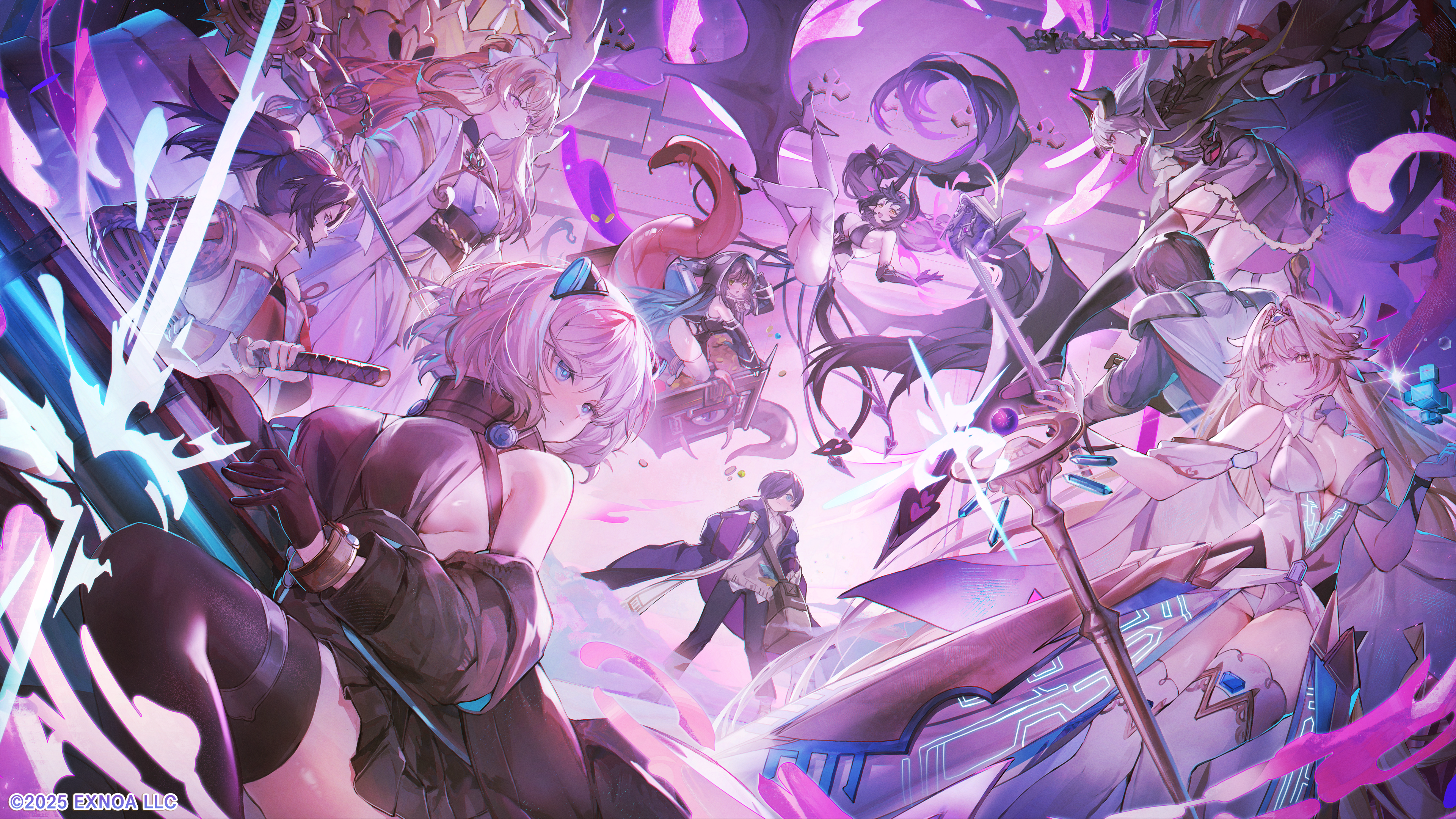 dmm, kuromi (monmusu td), lord (oshiro project), master (monmusu td), prince (sennen sensou aigis), serios (eiyuu densetsu), monster musume td, oshiro project:re, sennen sensou aigis, absurdres, highres, official art, 3boys, 6+girls, asta (monmusu td), black hair, black thighhighs, blonde hair, blue eyes, breasts, brown hair, cleavage, demon girl, hair over one eye, holding, holding scythe, horns, multiple boys, multiple girls, open mouth, purple eyes, scythe, serious, tentacles, thighhighs, thighs, white thighhighs, wings, yellow eyes